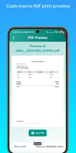 PDF preview of generated cash memo showing formatted invoice layout with company details, itemized products, taxes, totals, and Save PDF button for printing and sharing