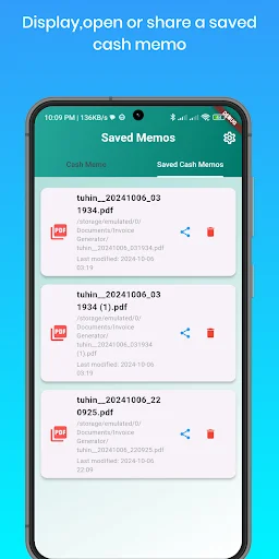 Saved memos list displaying multiple generated PDF invoice files with file names, sizes, share buttons, and delete options for managing saved cash memo receipts