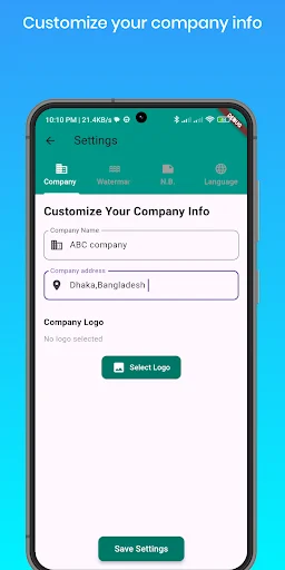 Company customization settings screen for entering business details including company name, address, and uploading company logo for professional invoice branding