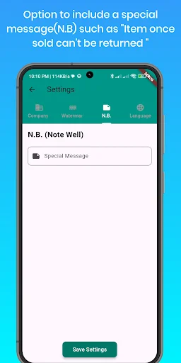 Special message settings screen for adding note well sections to invoices with custom text for terms, conditions, or important messages on cash memo receipts
