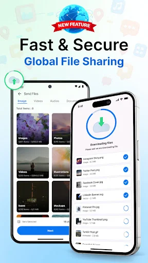Fast and secure global file sharing interface on two phones showing media gallery, transfer progress indicators, and file organization for Android to iOS data transfer