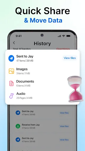 Transfer history log showing past data exchanges with contacts and shared files including images, documents, audio and received records