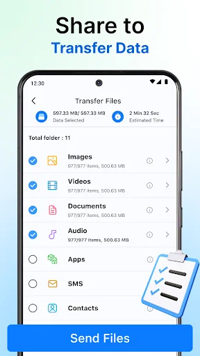 Data transfer screen listing file categories including images, videos, documents, audio, apps, SMS, and contacts with file sizes and estimated transfer time before sending files