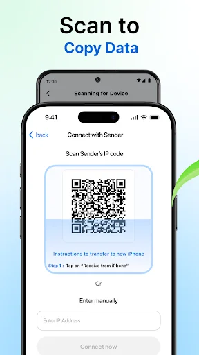 QR code scanning interface for device connection with IP address input option and step-by-step instructions to scan sender's code for copying data between phones
