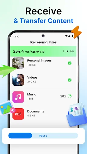 File receiving progress screen showing 254.4 MB transferred with categorized files including personal images, videos, music, and documents with download status and pause option