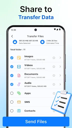 Data transfer file categories screen showing images, videos, documents, audio, apps, SMS and contacts with file size information