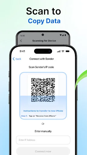 Device connection QR code scanner for Android phones to enable data copying and transfer between devices with manual IP option