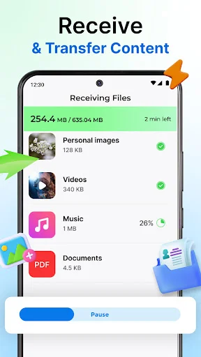 File receiving progress display showing real-time transfer of personal images, videos, music and documents with pause functionality