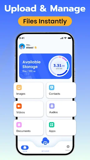 Cloud Storage app interface displaying file categories (Images, Videos, Documents, Audios, Contacts, Apps) with 3.31 GB storage used for quick upload and management