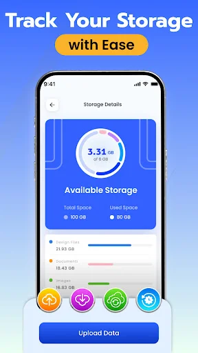 Storage Details screen showing 3.31 GB usage with visual breakdown by file type and Upload Data button for managing cloud backup