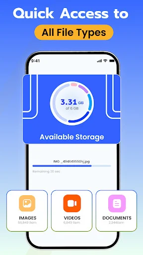 Cloud Storage quick-access interface with buttons for Images, Videos, Documents categories and available storage display for fast file navigation