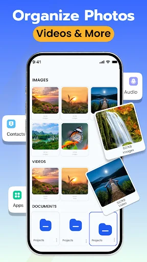 Cloud Storage gallery view organizing images, videos, and documents with thumbnail previews and category-based file management interface