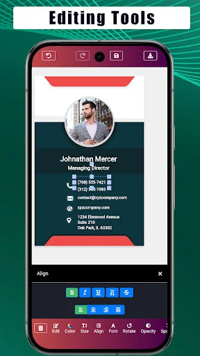 Business Card Maker editing screen with professional template showing photo, name, contact info, and design tools toolbar