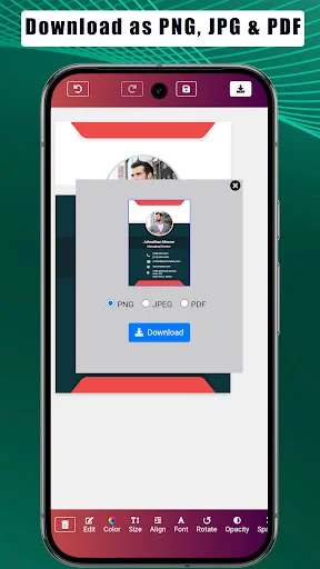 Business card download options screen with PNG, JPG, and PDF export format selections and download button