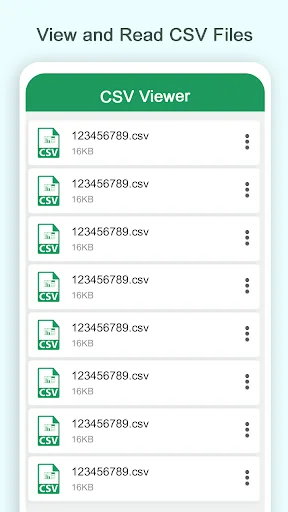 CSV file list viewer displaying multiple CSV files with file names, sizes, and action menu buttons for file management in CSV Viewer app