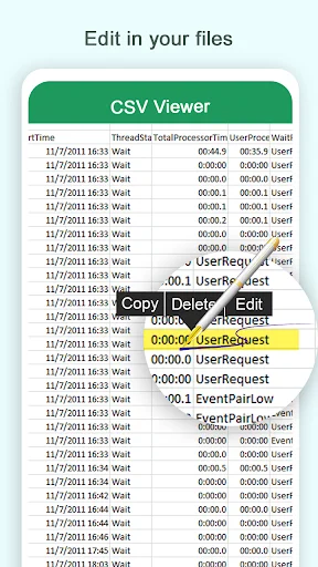 CSV spreadsheet editor showing tabular data with columns and rows, highlighting editable cells with copy, paste, and edit options for CSV file editing