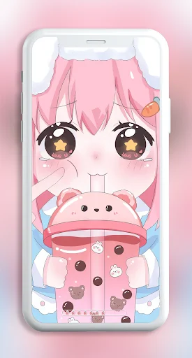Cute kawaii phone wallpaper featuring pink-haired anime character with star eyes and adorable food-themed design