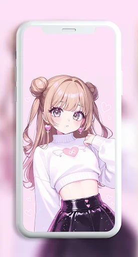 Kawaii wallpaper featuring cute anime girl with hair buns, purple eyes, and fashionable outfit design
