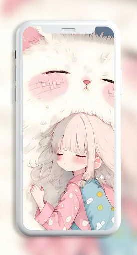 Cute kawaii wallpaper displaying fluffy white character and peaceful anime girl with pink hair for customization