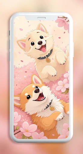 Adorable kawaii puppy wallpaper showing two cute cartoon dogs with big eyes surrounded by pink flowers