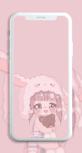 Chibi-style cute anime wallpaper with sweet character wearing decorative bonnet for mobile phone display