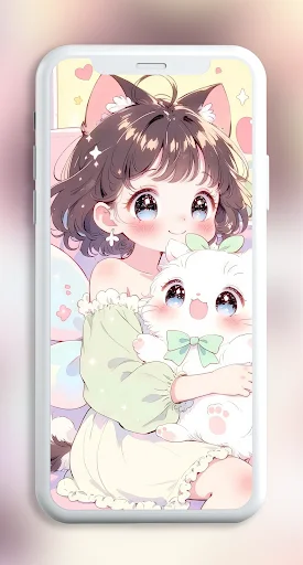 Kawaii wallpaper featuring cute anime girl with dark hair, pink bow, and small adorable character companion