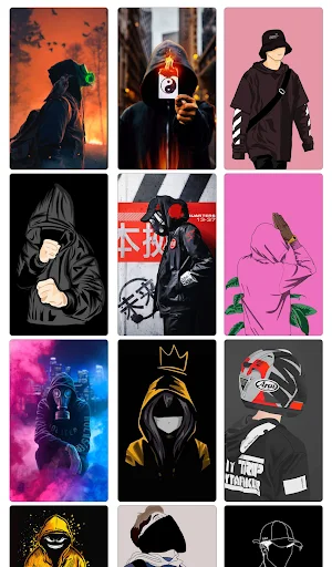 DAB Wallpaper app grid showcasing swaggy silhouette and character wallpapers with dark aesthetic, orange sunset, and vibrant neon styles for phone personalization