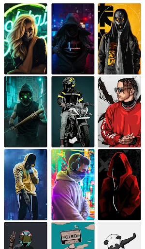 DAB Wallpaper grid of cool character wallpapers with neon glows, cyberpunk elements, dark backgrounds, and modern street style personalization options