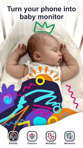 Baby monitor app home screen with sleeping infant in colorful crib. Features sound, camera, and melodies monitoring options.