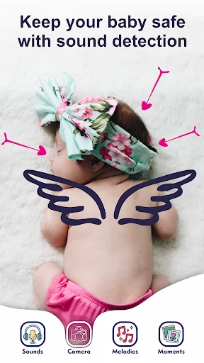Sound detection screen showing baby with audio alerts. Baby monitor app monitors infant safety with cry and noise detection.