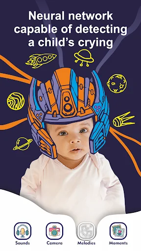 AI baby cry detection feature showing infant with neural network visualization. Smart monitor recognizes crying sounds.