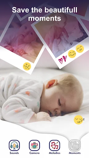 Save moments feature showing sleeping baby with polaroid-style photos. Baby monitor app records precious infant memories.