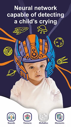 Baby's face with AI neural network technology overlay and text 'Neural network capable of detecting a child's crying' for advanced sound monitoring