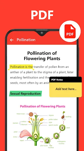 PDF viewer displaying educational document on plant pollination with highlighted text, notes feature, and botanical flower diagram