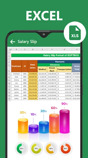Excel spreadsheet viewer showing salary slip with employee data table, deductions, payments, and colorful chart analytics visualizations