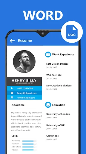 Word document viewer showing resume with profile photo, contact info, work experience, education sections, and skills progress bars