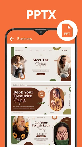 PowerPoint presentation viewer displaying stylish business template with beauty service marketing slides and professional photography