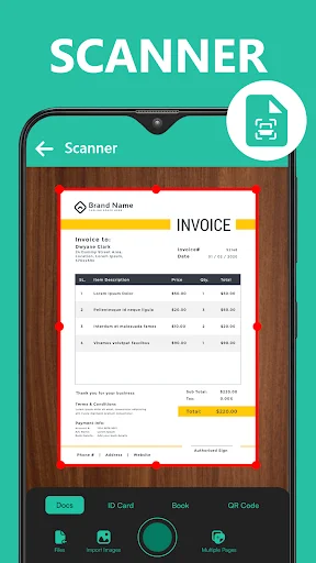 Document scanner viewing invoice with editing tools including crop, ID card scan, QR code reader, and mobile capture button controls