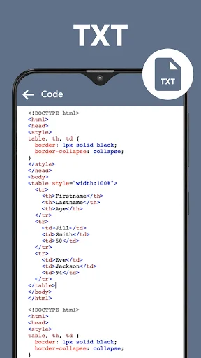 Text file viewer displaying HTML source code with DOCTYPE declaration and web development markup structure for coding reference