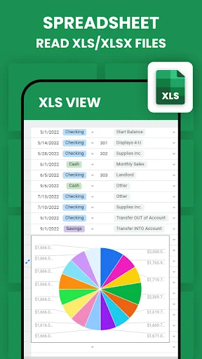All Document Viewer Excel spreadsheet display showing data table and colorful pie chart analytics