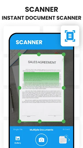 Document scanner feature with automatic corner detection and buttons for capturing and managing documents