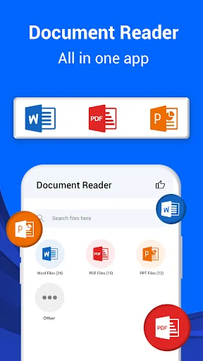Document Reader app home screen showing Word, PDF, and PowerPoint format icons with search functionality