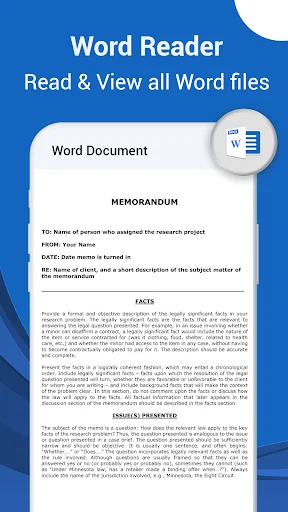 Word Reader displaying MEMORANDUM document with formatted text content and metadata fields