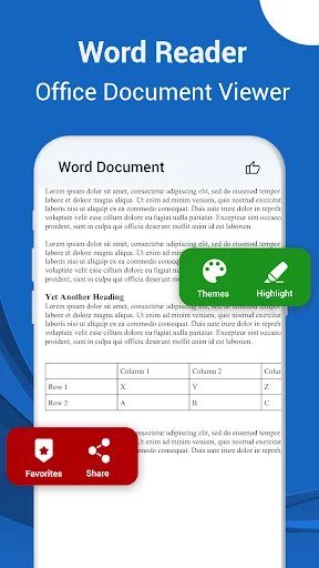 Word Document Viewer with text formatting tools including Themes, Highlight, Share, and Favorites options