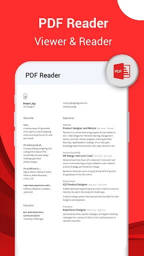PDF Reader displaying sample PDF document with professional content sections and formatted text