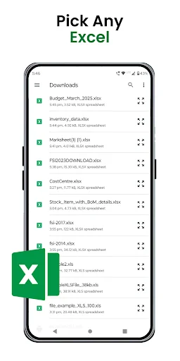 Excel to PDF Converter app file picker showing Downloads folder with list of XLS/XLSX files ready for conversion