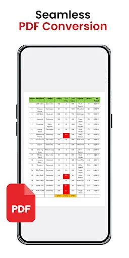 Seamless PDF conversion displaying Excel spreadsheet with data cells and highlighted content in converted PDF format