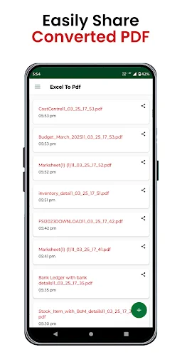 Converted PDF file sharing screen showing list of converted files with timestamps and individual share options for each