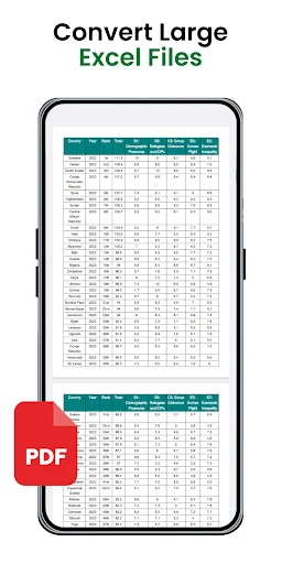 Excel to PDF Converter app converting large complex Excel files with multiple tables and rows to PDF format