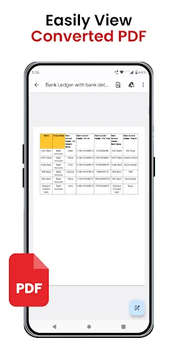 PDF viewer interface displaying converted Excel spreadsheet with cell highlighting, formatting, and viewing tools enabled